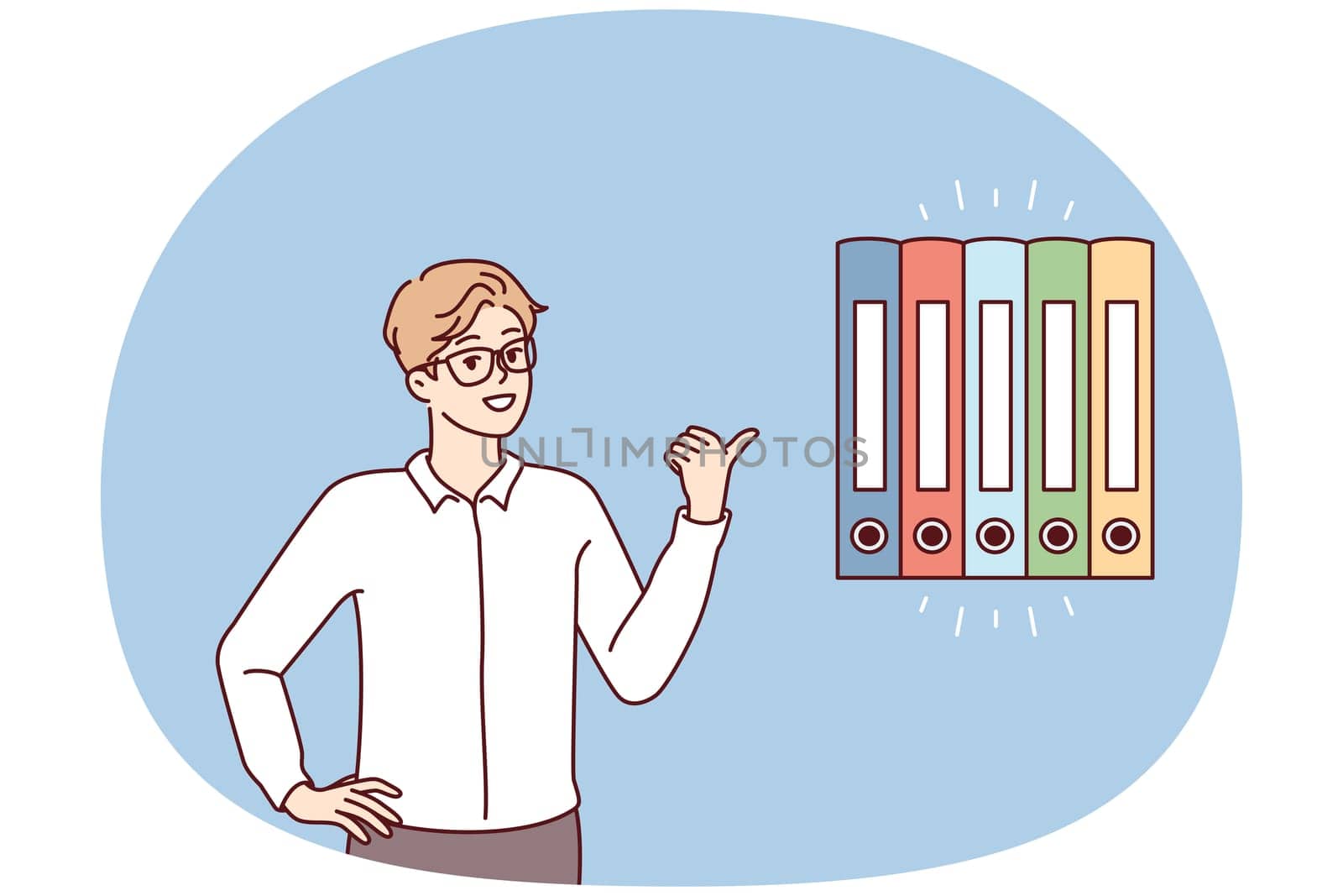 Man office worker points finger at multicolored folders for documents. Guy in business clothes gives advice on finding reports or recommends system for storing financial papers