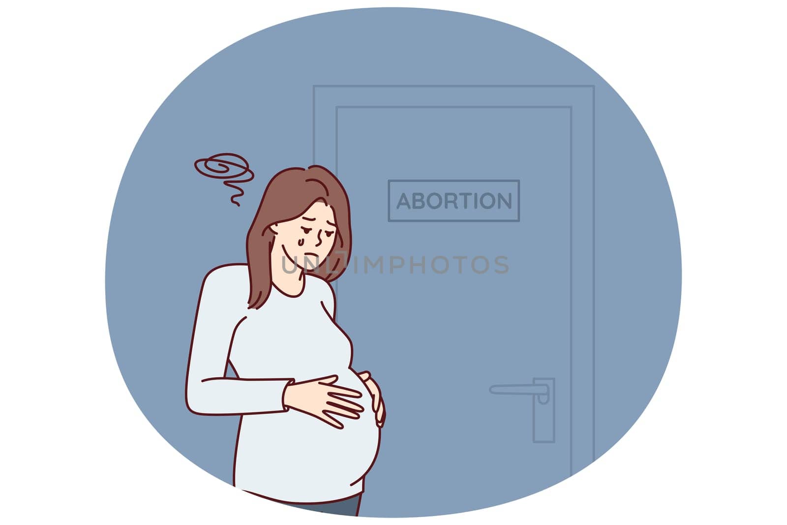 Upset pregnant woman stands near door with abortion sign needs psychologist after making difficult decision. Girl crying wants to terminate pregnancy due to unwanted insemination