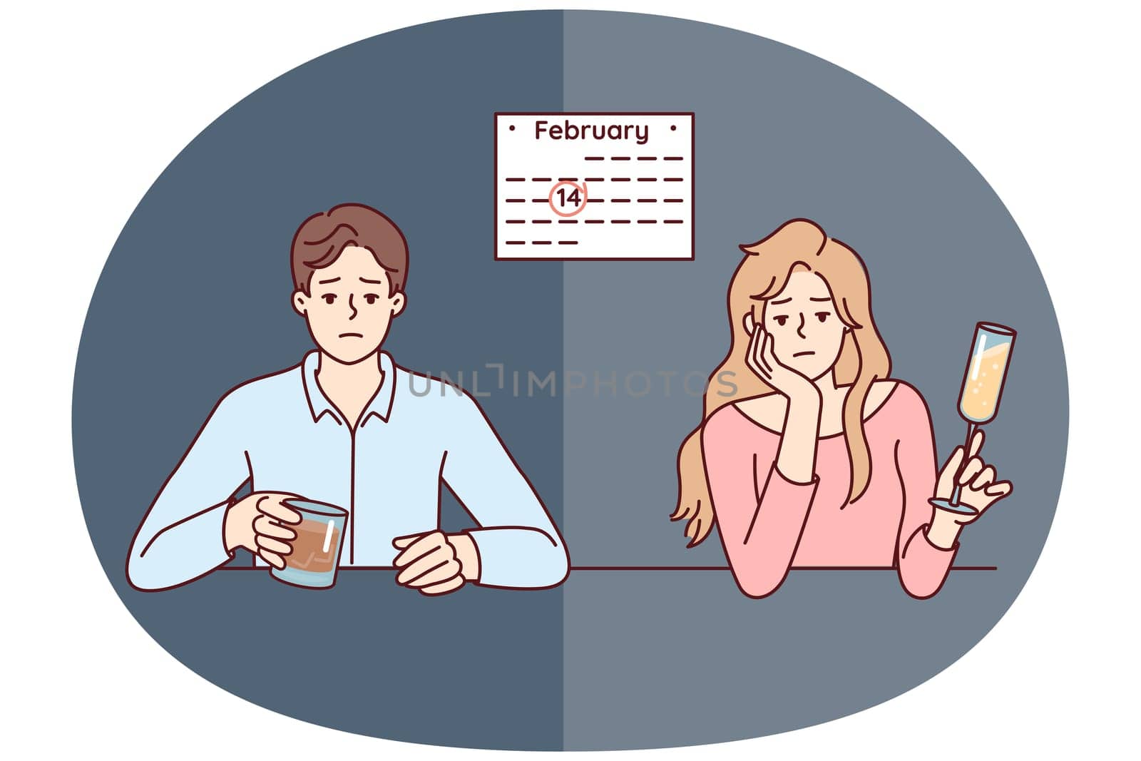 Man and woman celebrate February 14 alone due to absence of second half. Unhappy guy and girl are sad sitting at table because of separation on Valentine Day