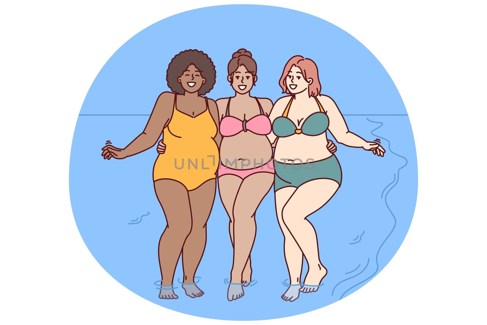 Cheerful plus size women dressed in swimsuit stand hugging on sunny beach near sea water and look at camera smiling. Diverse plus size girls for concept of no prejudice and body positivity