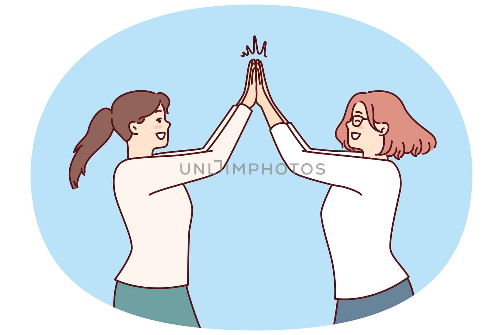 Two happy women rejoice high five greet each other after long-awaited meeting. Positive girls in casual clothes are happy to know about next vacation and joint summer trip