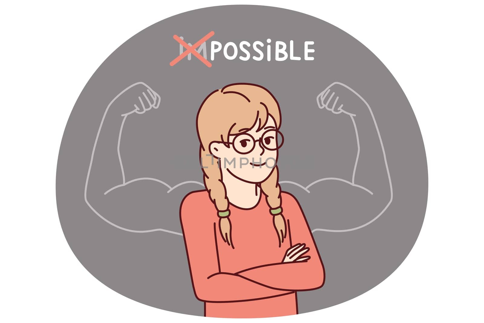 Proud little girl stands with arms crossed near inscription impossible is possible and muscular arms drawn on blackboard. Schoolgirl teenager successfully cope with challenge and gained new knowledge