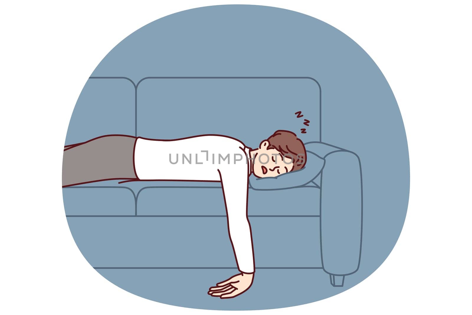 Exhausted man fell asleep lying on comfortable sofa with no energy after hard day at work or long walk with friends. Unmotivated guy fell asleep on couch and naps not wanting to go to work