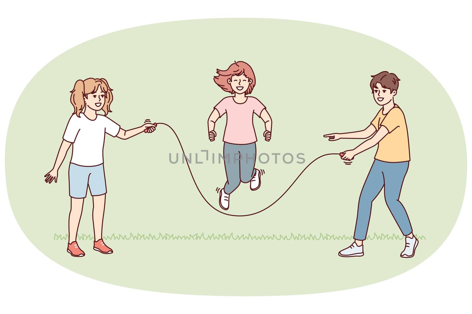 Teenage children stand on lawn jumping rope relaxing during summer vacation or day off. Metaphors of happy childhood with healthy outdoor games and physical activities. Flat vector design