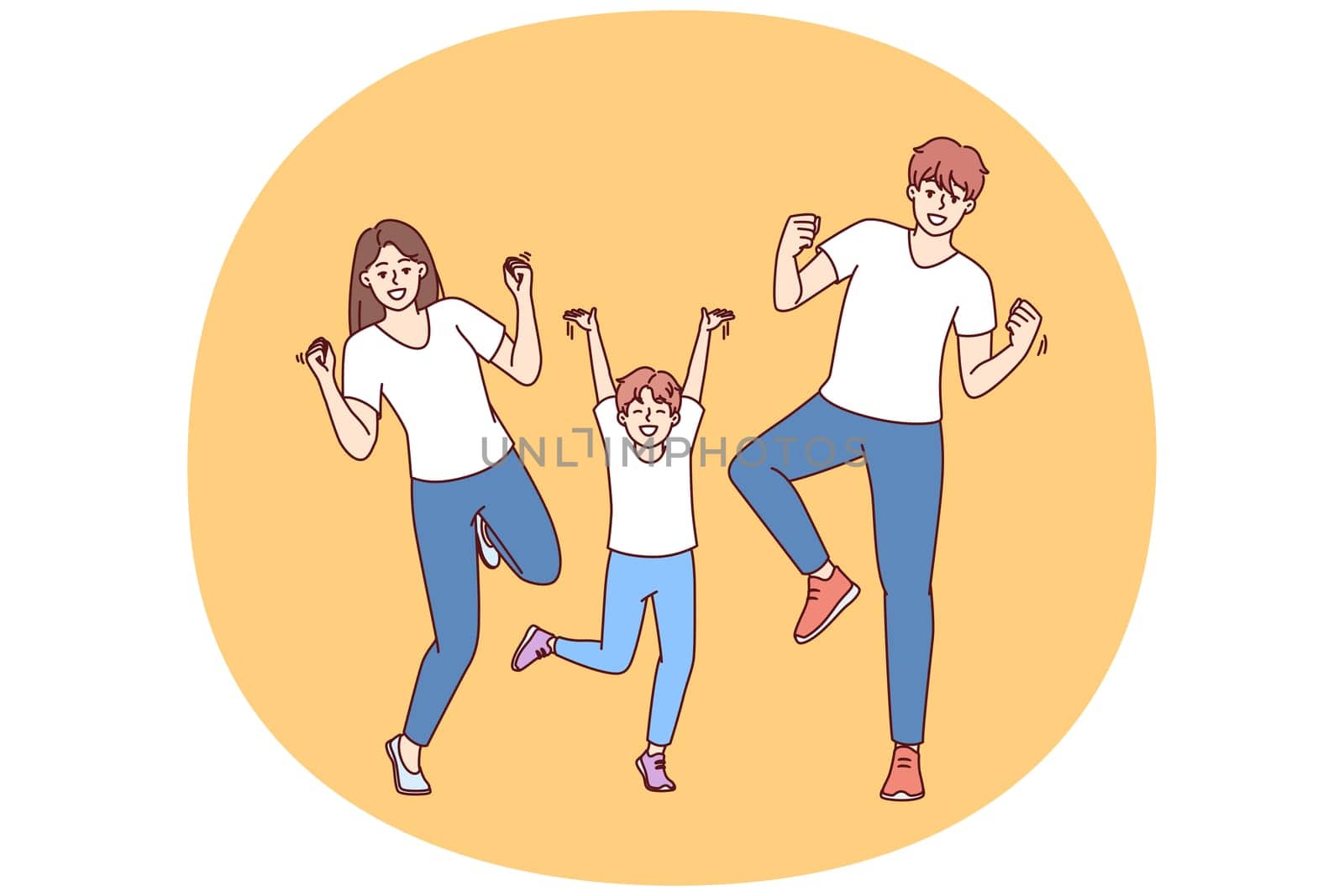 Rejoicing dad, mom and little boy dance and celebrate victory young family competition or winning lottery. Positive family dancing energetically at disco enjoying cheerful atmosphere and good music