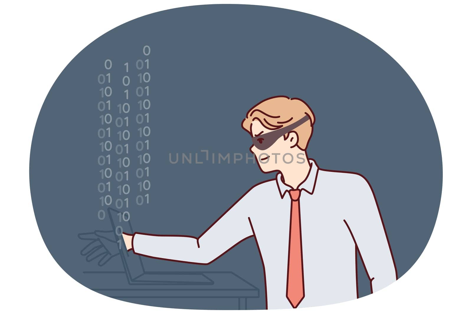 Man hacker in mask hiding face reaches out to laptop screen to steal important information or commit cybercrime. Guy hacker makes digital fraud and hacks computer via internet or local network