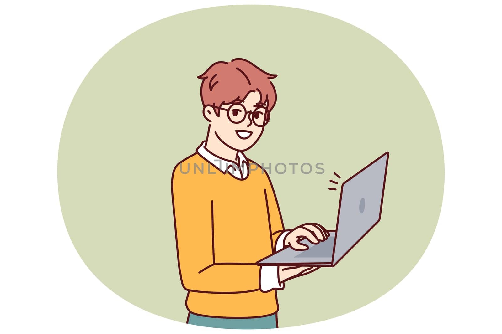 Smart little boy with open laptop for preparing homework assigned from school stands and looks at camera. Schoolboy in casual wear holding laptop using internet and learning software development