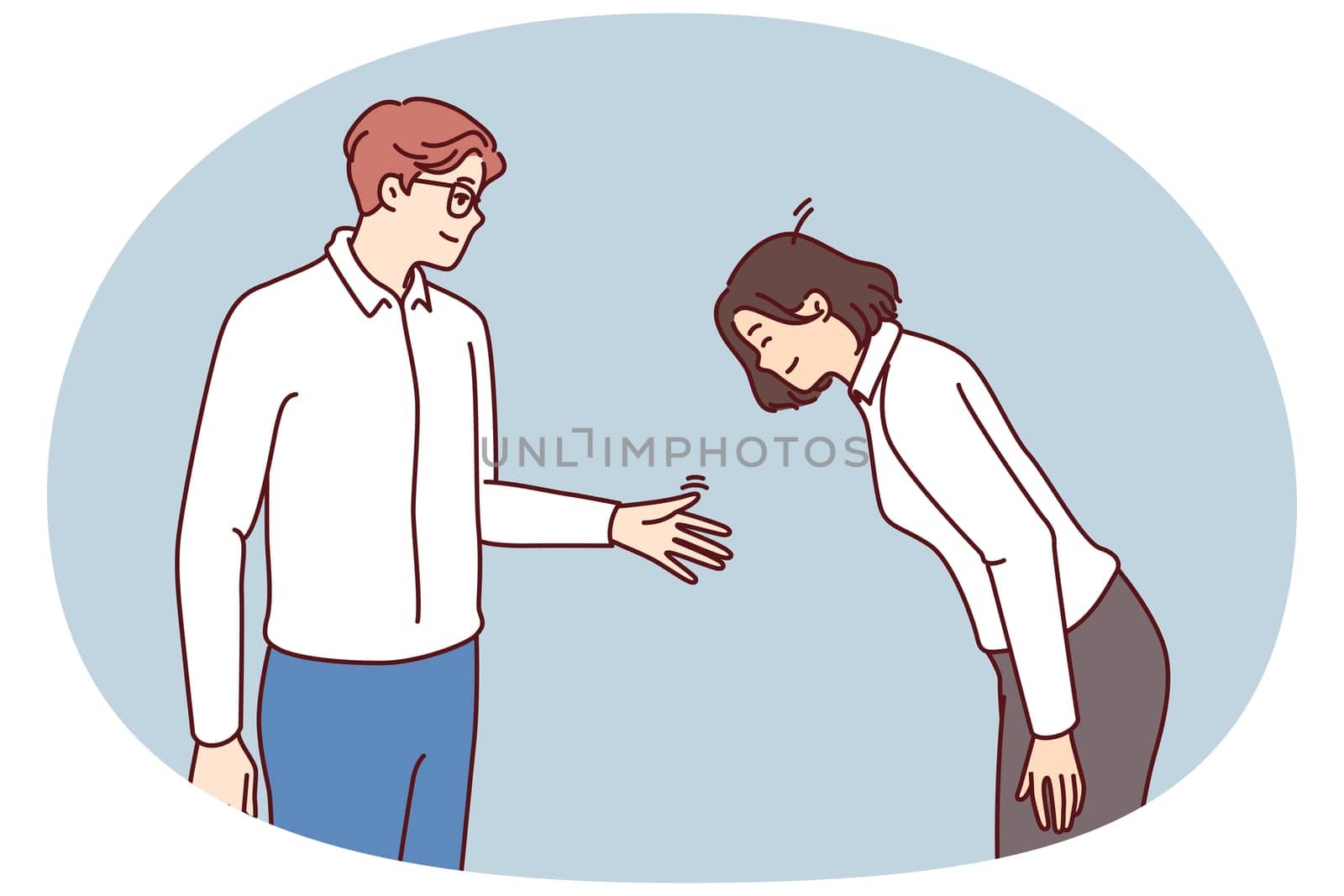 Young businessman extends hand to bowing woman as token of gratitude for job well done or good business offer. Asian girl in formal wear bow while greeting business partner or corporation boss