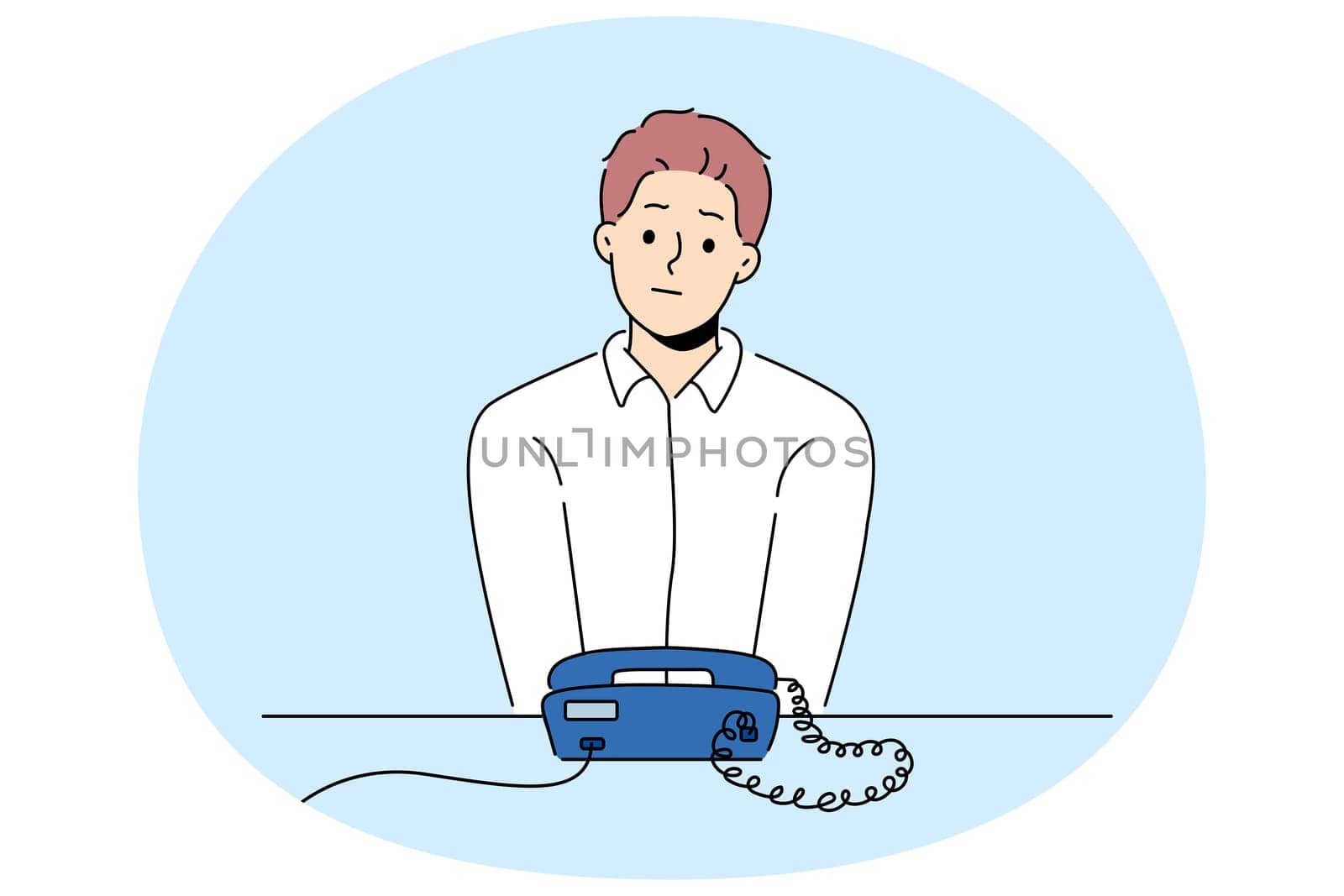 Unhappy man sit at desk look at landline phone waiting for someone call. Frustrated guy awaiting ring looking at corded telephone. Vector illustration.