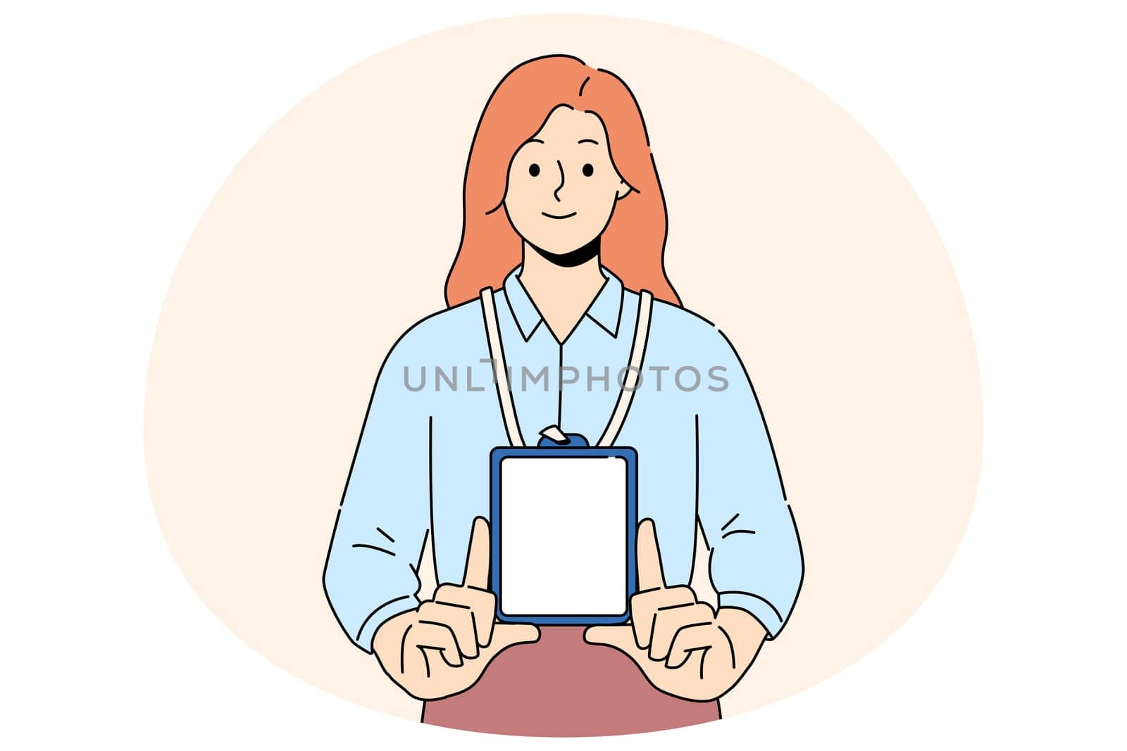 Smiling woman show mockup ID badge