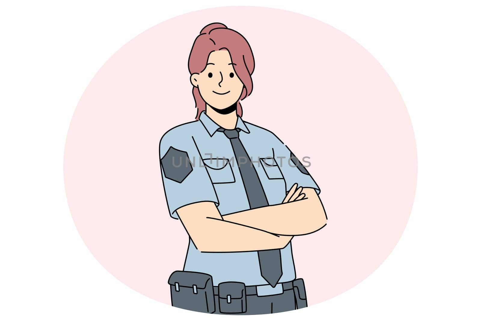 Smiling female police officer in uniform standing with arms crossed. Happy woman guard feeling confident show power and strength. Vector illustration.
