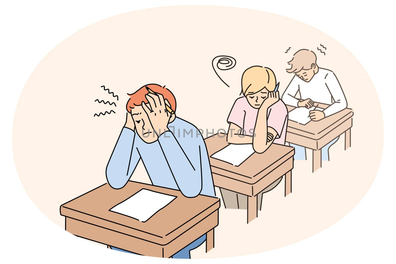 Anxious students sitting at desk in classroom writing test together. Worried pupils finish examination in classroom. Education and exam time. Vector illustration.