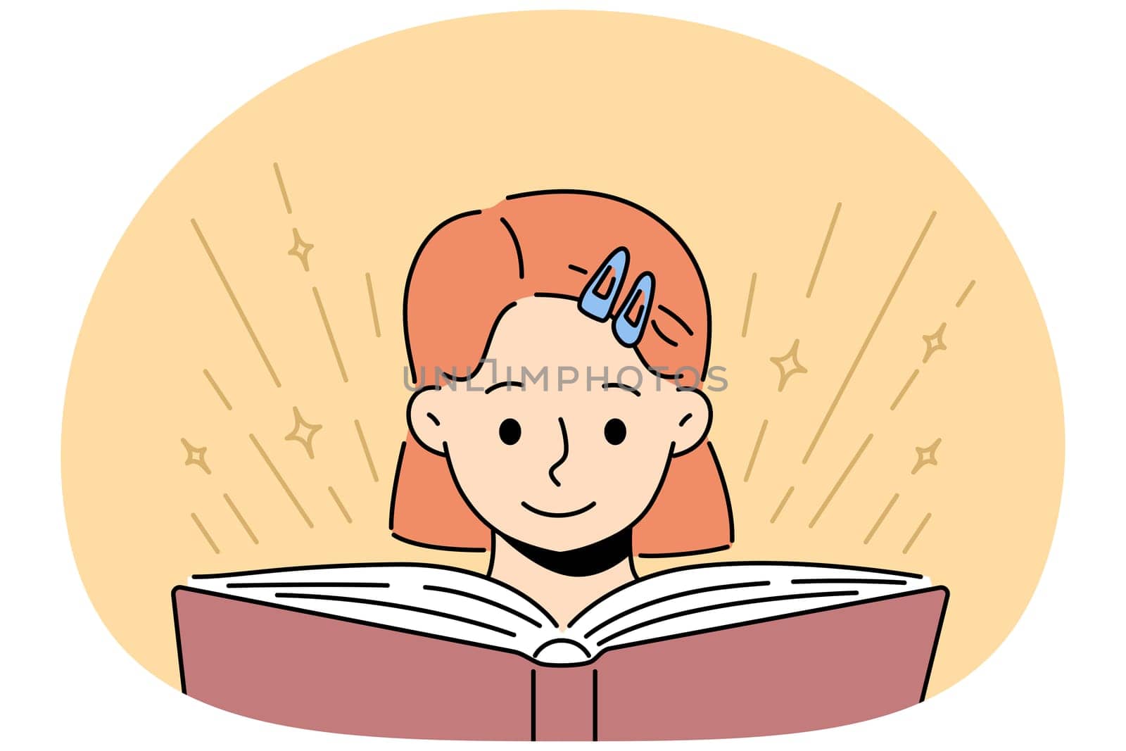 Smiling little girl kid reading book. Happy child engaged in literature reading. Childhood education and learning. Vector illustration.