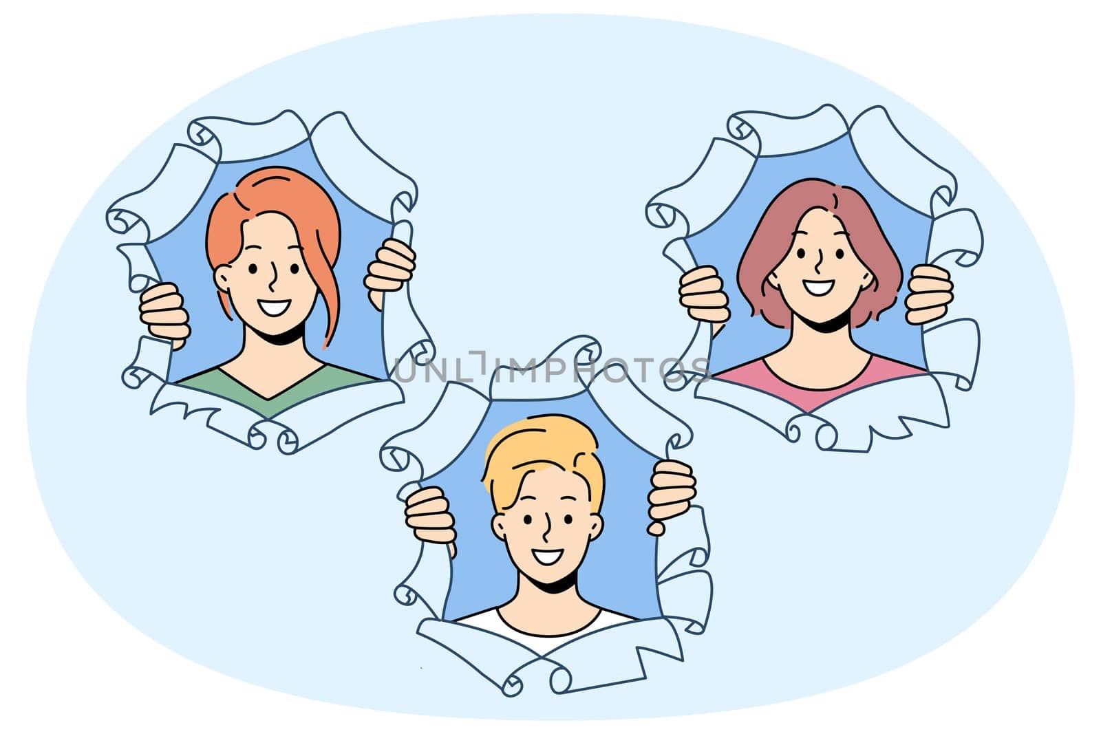 Smiling people look out of paper holes. Happy men and women faces stare at camera from torn holes. Vector illustration.