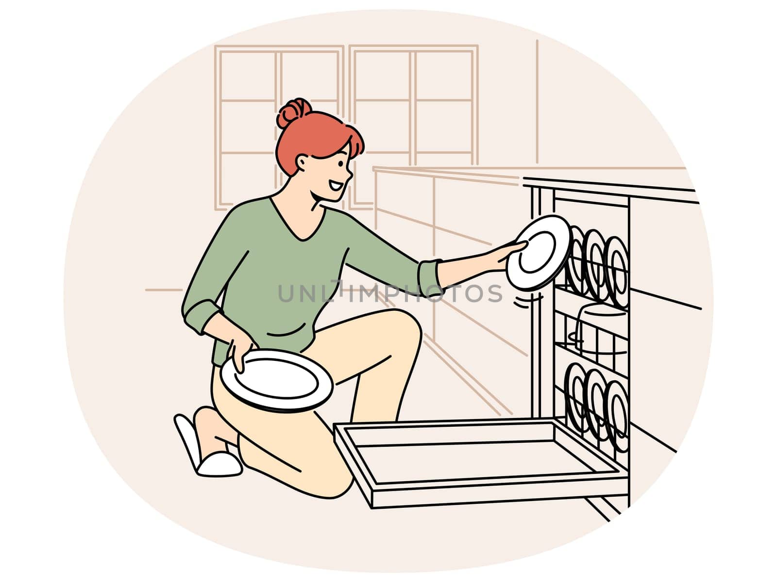 Smiling woman unloading dishwashing machine. Happy housewife put dirty plates into dishwasher at home kitchen. Household and chores concept. Vector illustration.