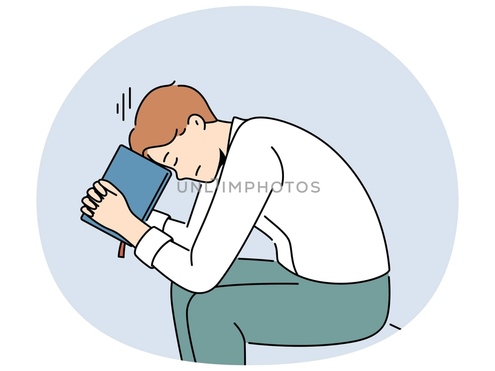 Pensive man sit on bench pray with bible. Thoughtful male believer feel religious pray to God with bible. Religion and faith concept. Vector illustration.