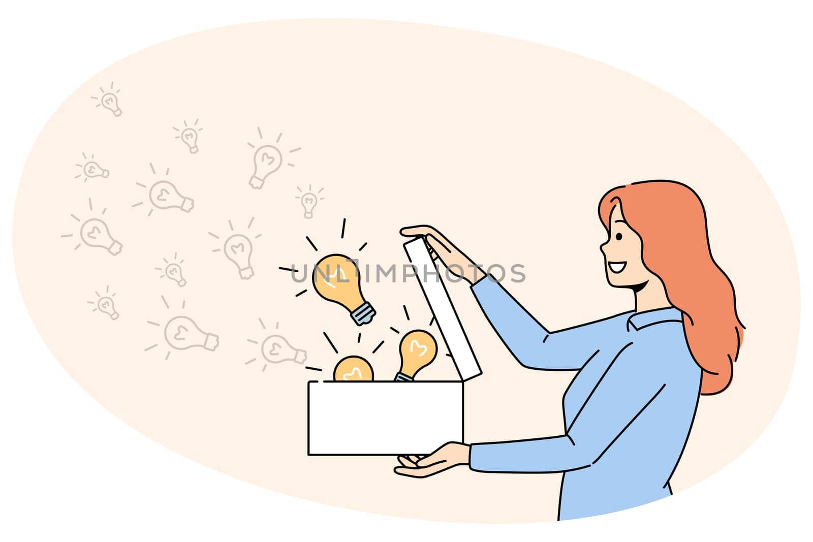Smiling woman open box full of lightbulbs generate creative business ideas. Happy female share innovative thoughts. Innovation concept. Vector illustration.