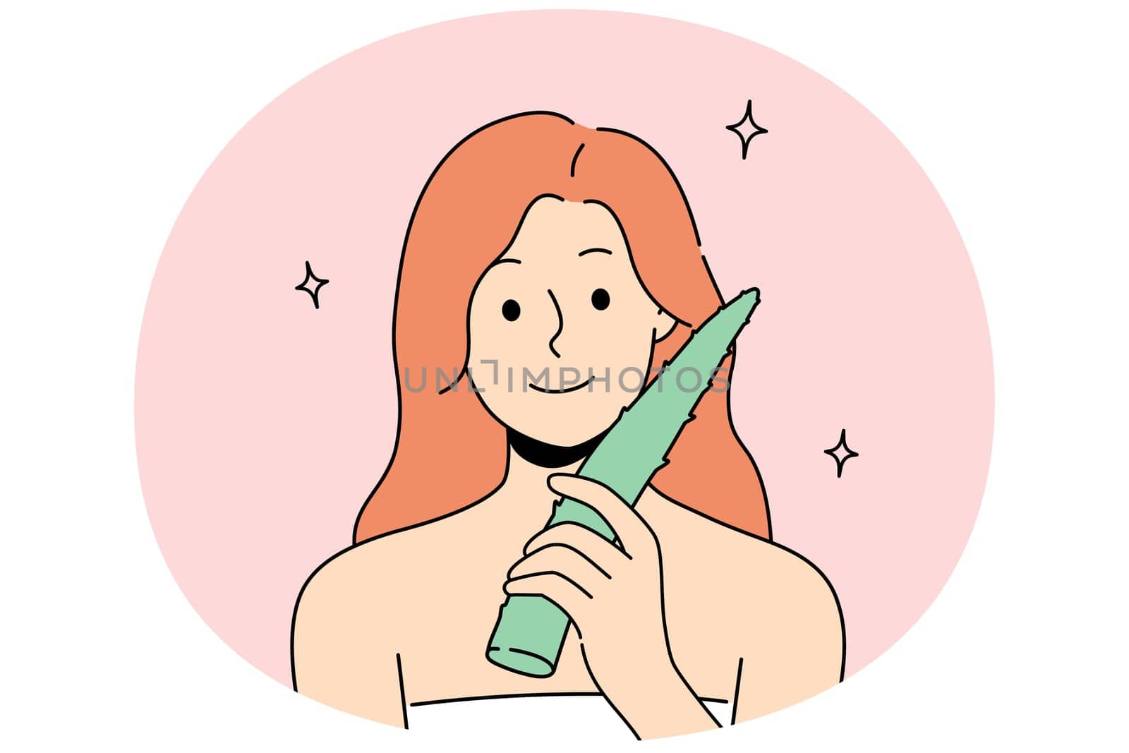 Smiling woman in bath towel hold fresh aloe vera leaf for skin care. Happy girl use organic product for healthy glowing face skin. Skincare. Vector illustration.