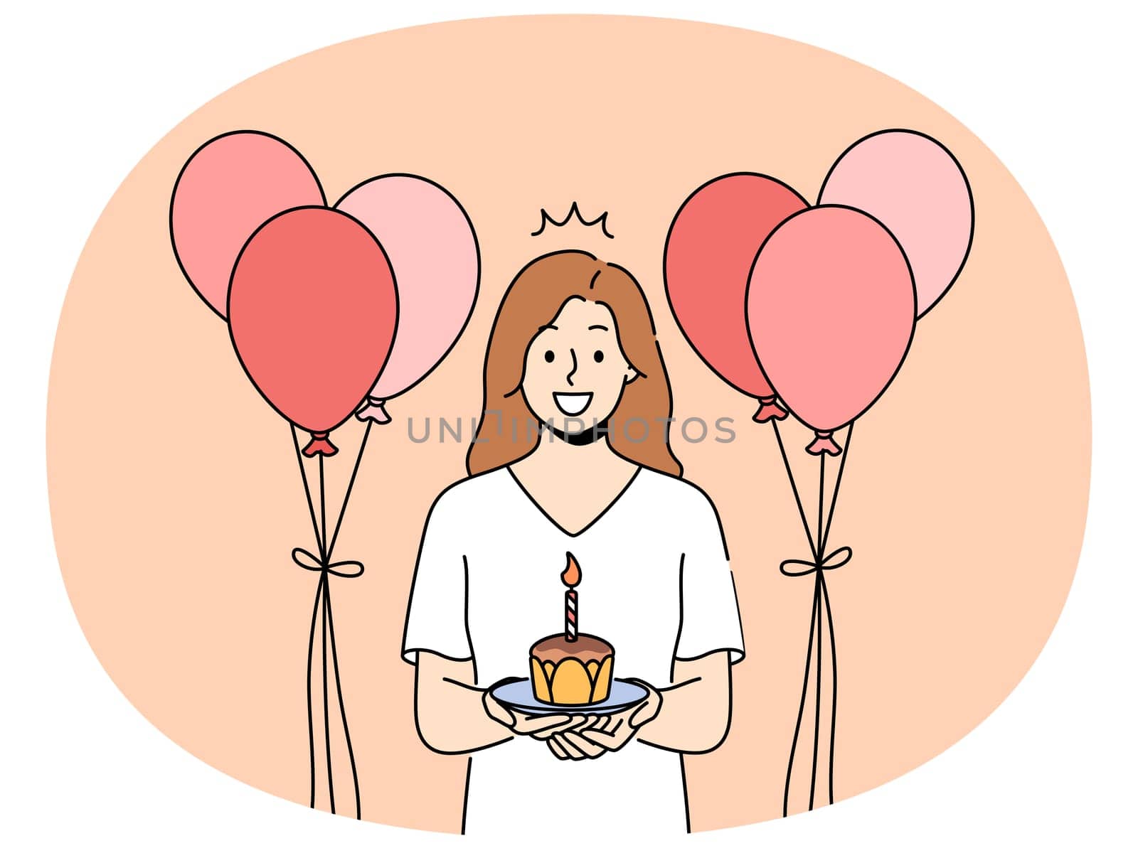 Smiling woman with cake in hands and balloons celebrate birthday. Happy girl with cupcake with candle enjoy anniversary celebration. Vector illustration.