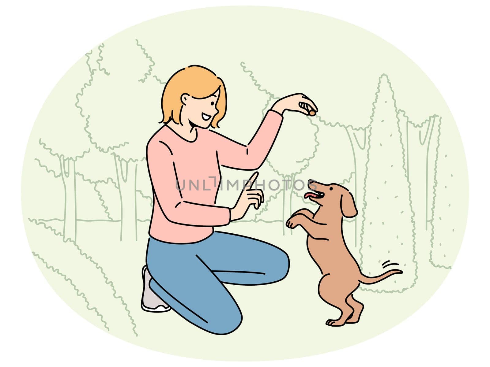 Smiling woman playing with puppy in park. Happy girl have fun learn commands with cute dog in forest. Vector illustration.