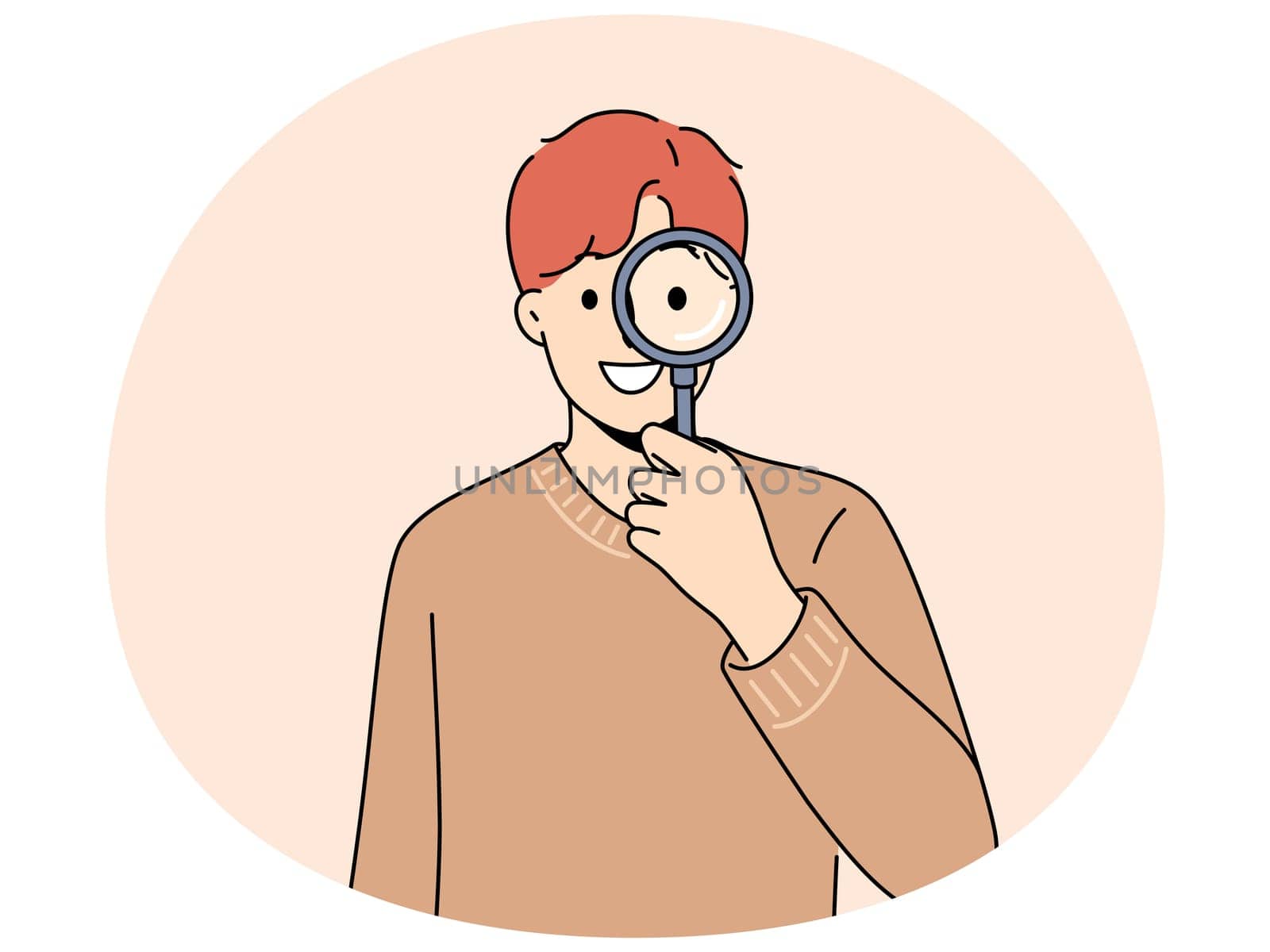 Smiling man with magnifying glass search for information or data. Happy guy with magnifier look for important message doing research. Vector illustration.