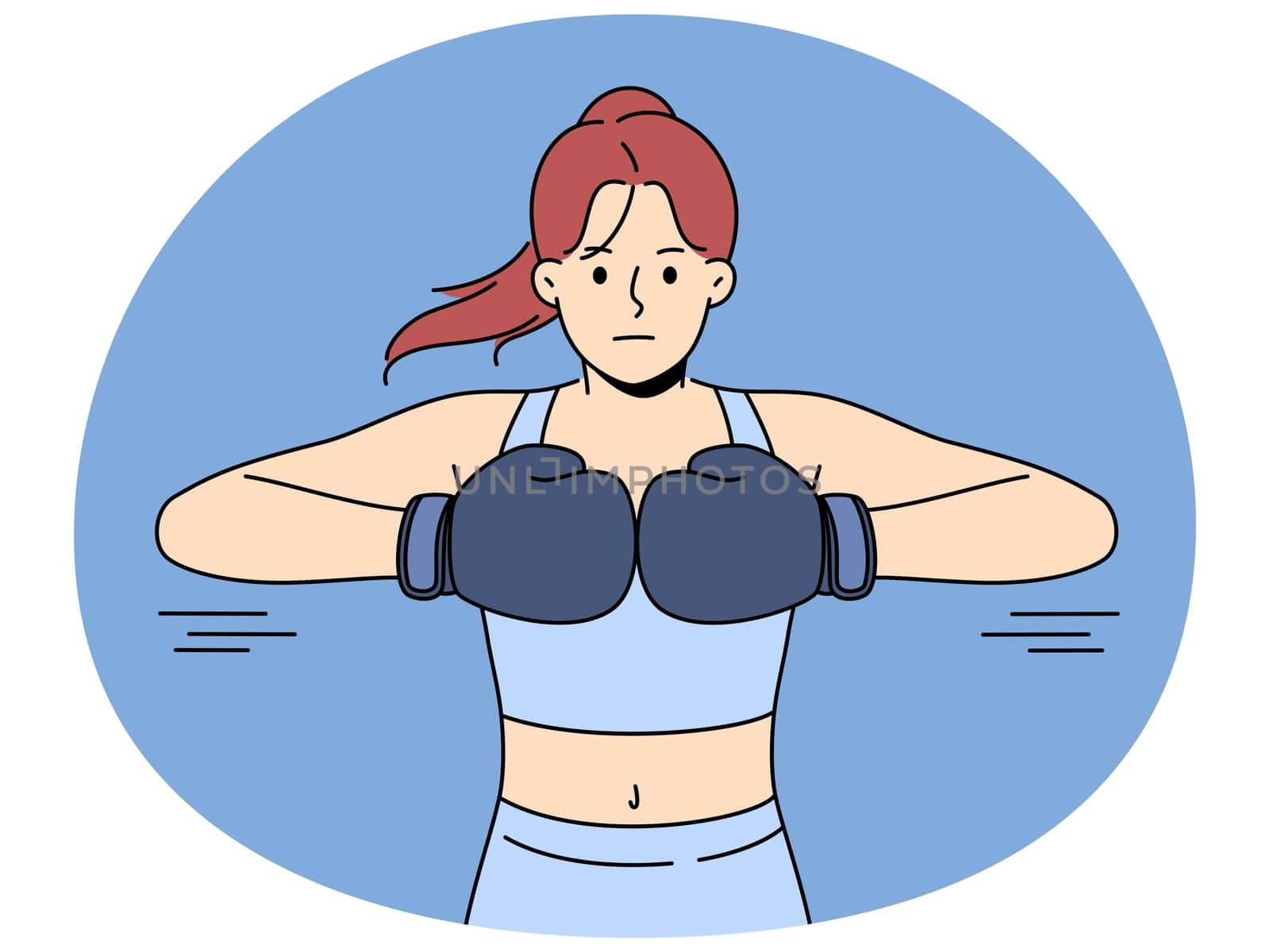 Powerful woman in sportswear with boxing gloves prepare for training or workout in gym. Strong girl boxer ready for workout. Sport and exercising. Vector illustration.