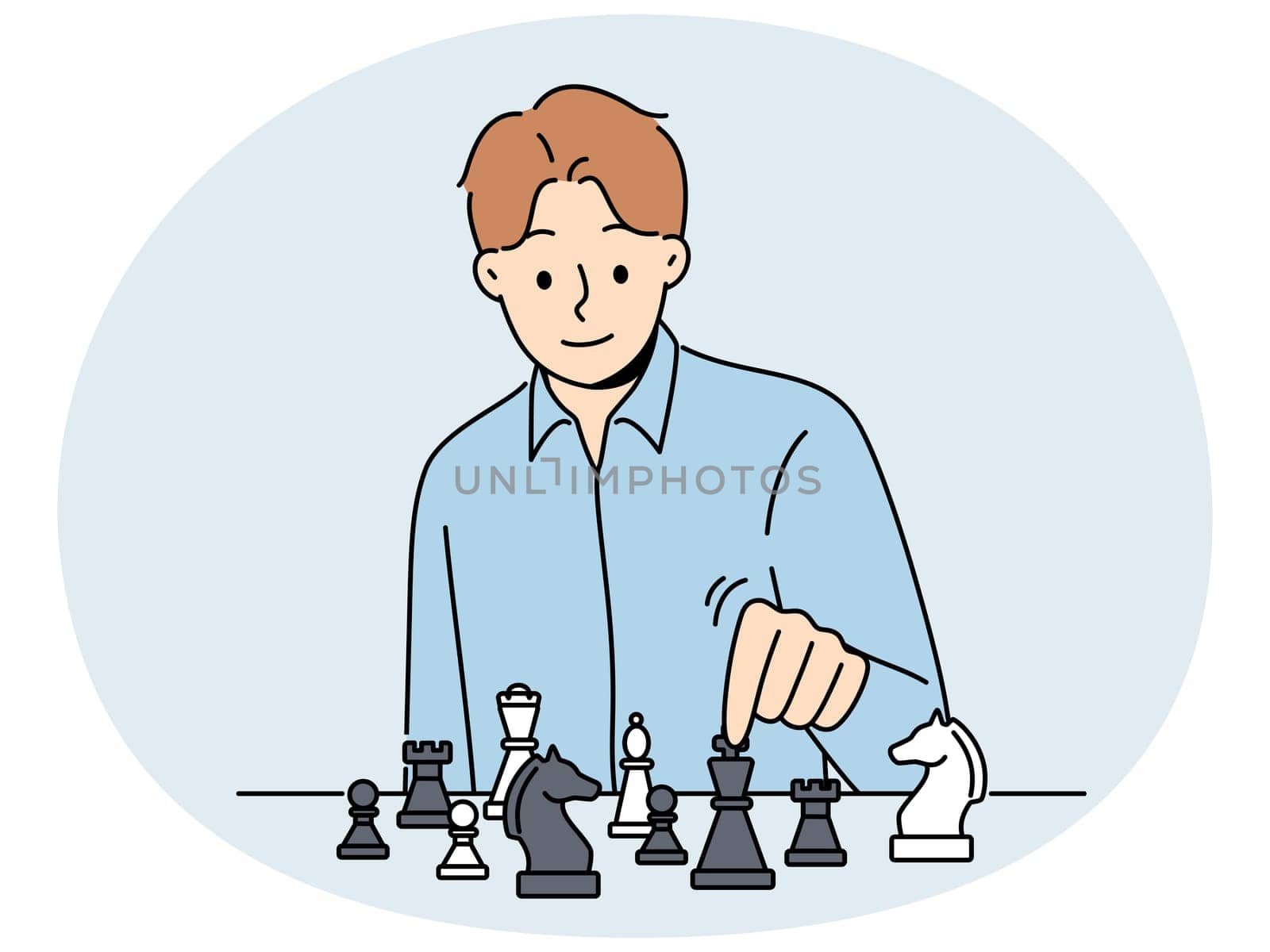 Smiling man sit at table play chess. Happy businessman enjoy game on chessboard. Hobby and leisure time. Strategy and planning. Vector illustration.
