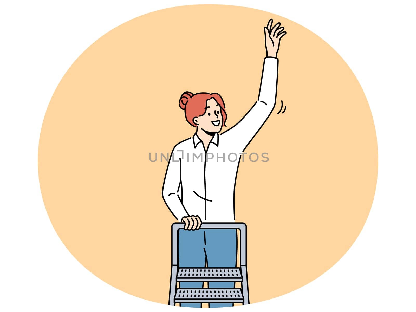 Smiling woman standing on ladder touching air with hand. Happy female worker climb career ladder. Professional achievement and success. Vector illustration.