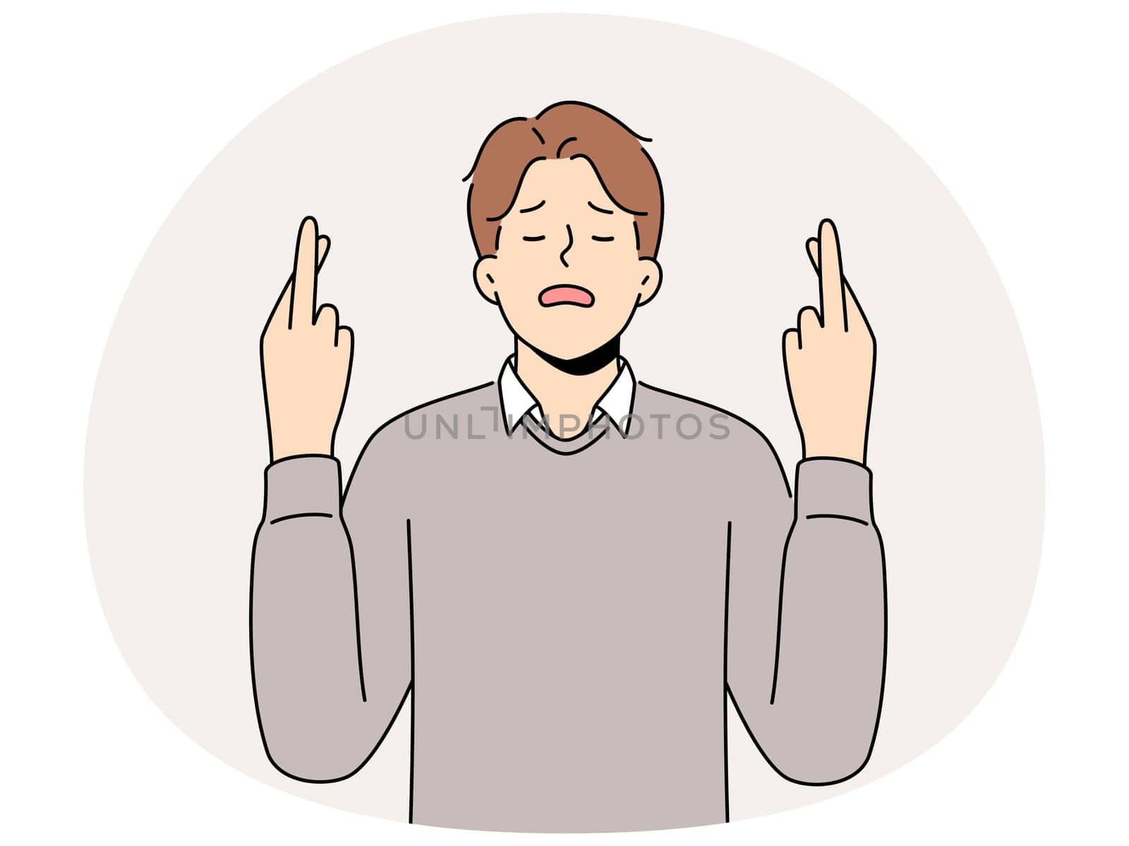 Hopeful man with finger crossed desire good fate and future. Male make gesture hope for better choices, ask god for good luck. Faith and superstition. Vector illustration.