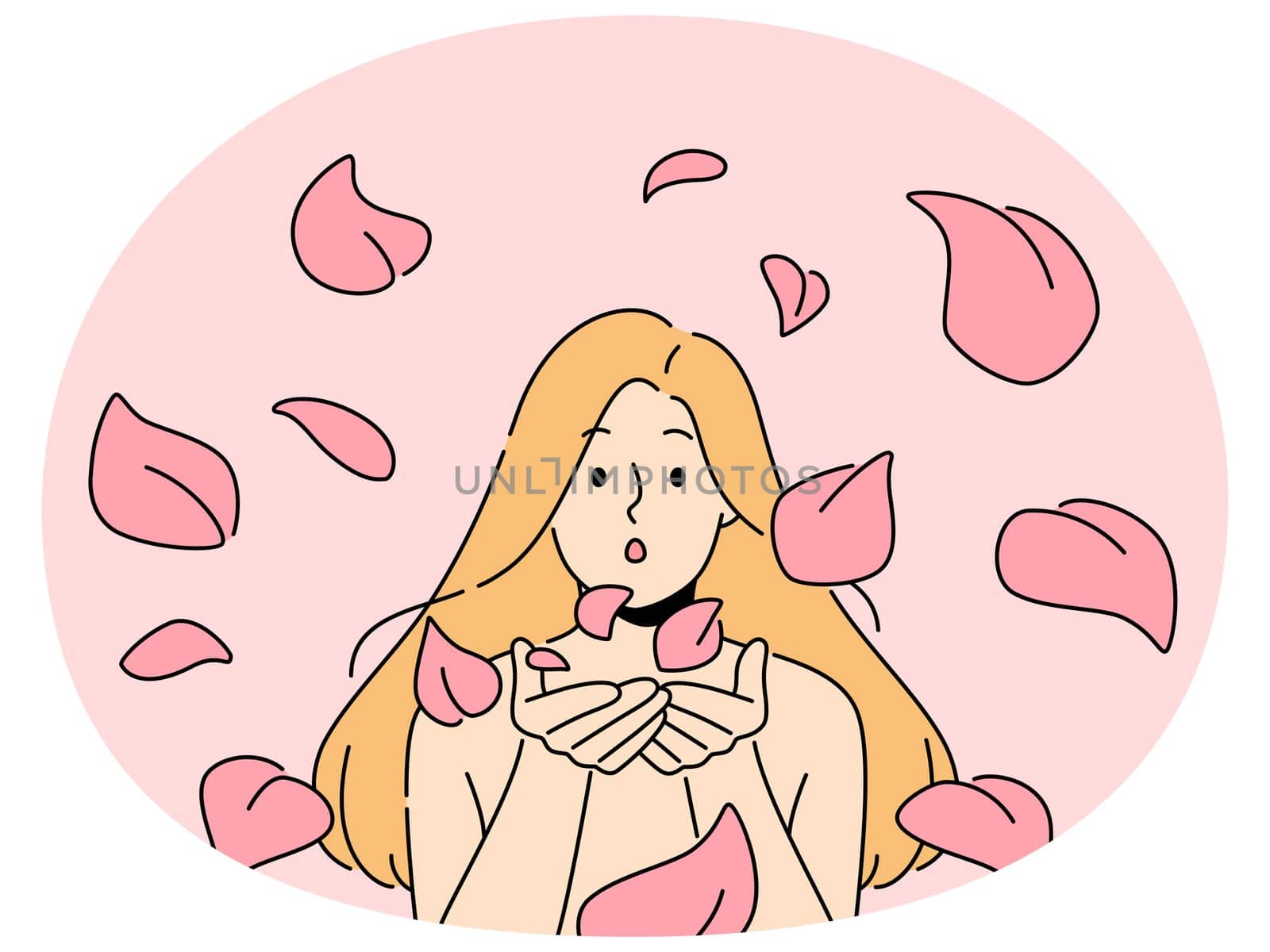 Naked woman blow rose petals to camera. Elegant blonde girl spread scent of flowers blowing petals. Vector illustration.