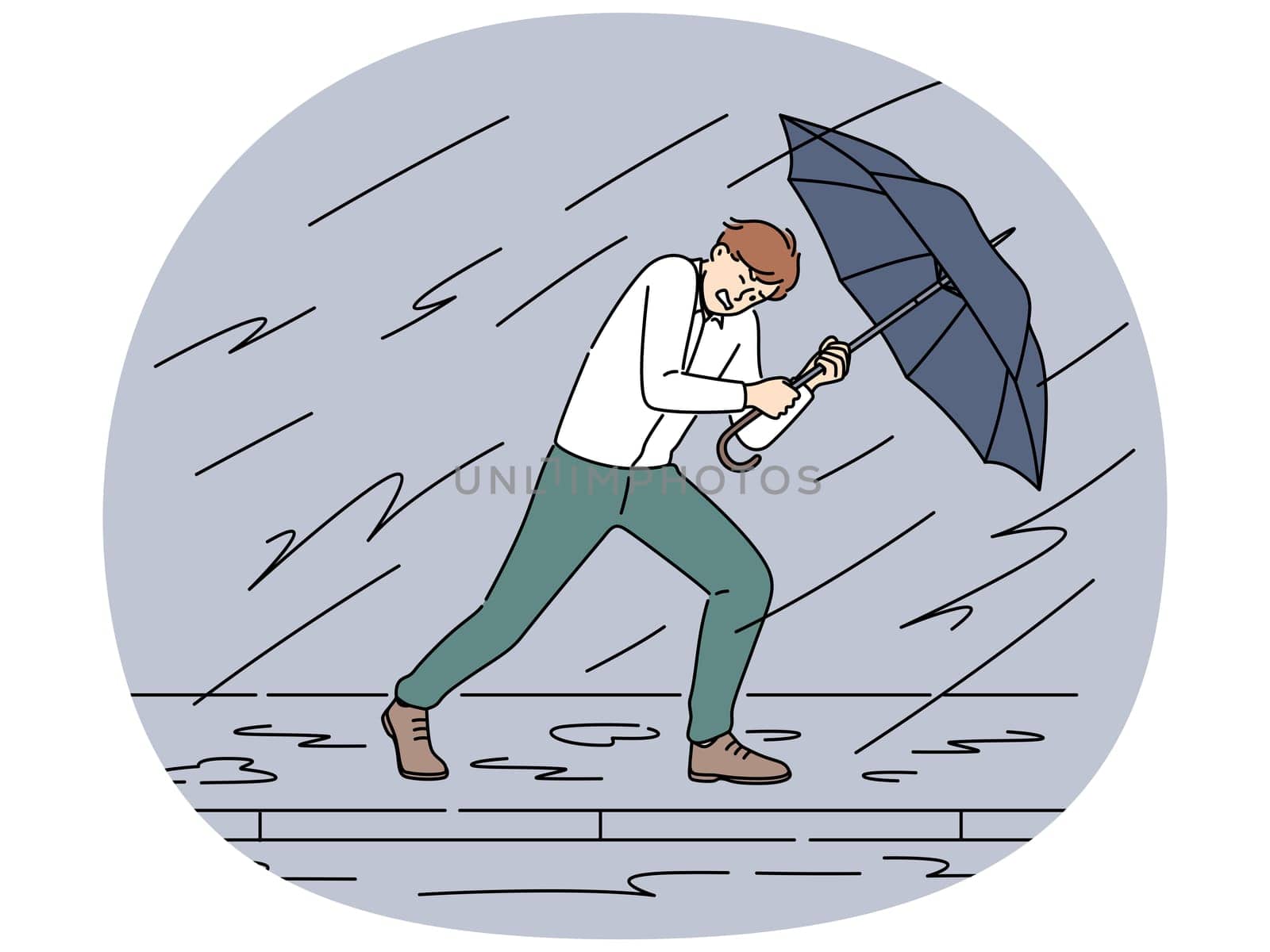 Decisive businessman with umbrella walk against storm and rain. Motivated male employee protect himself from business problems and heavy tasks. Vector illustration.