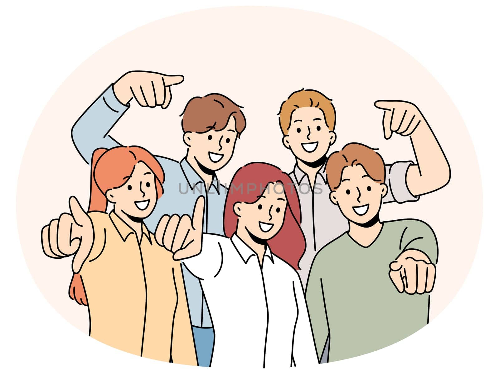 Group of smiling employees point at screen choose work candidate. Team of happy businesspeople choose you for employment or recruitment. Vector illustration.