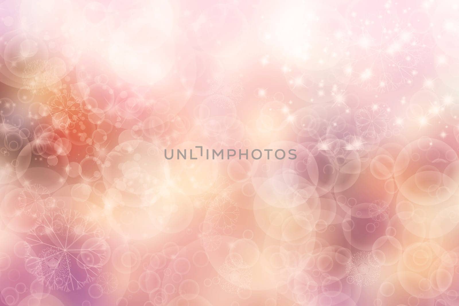 A festive abstract gradient pink yellow background texture with glitter defocused sparkle bokeh circles and stars. Card concept for Happy New Year, party invitation, valentine or other holidays.