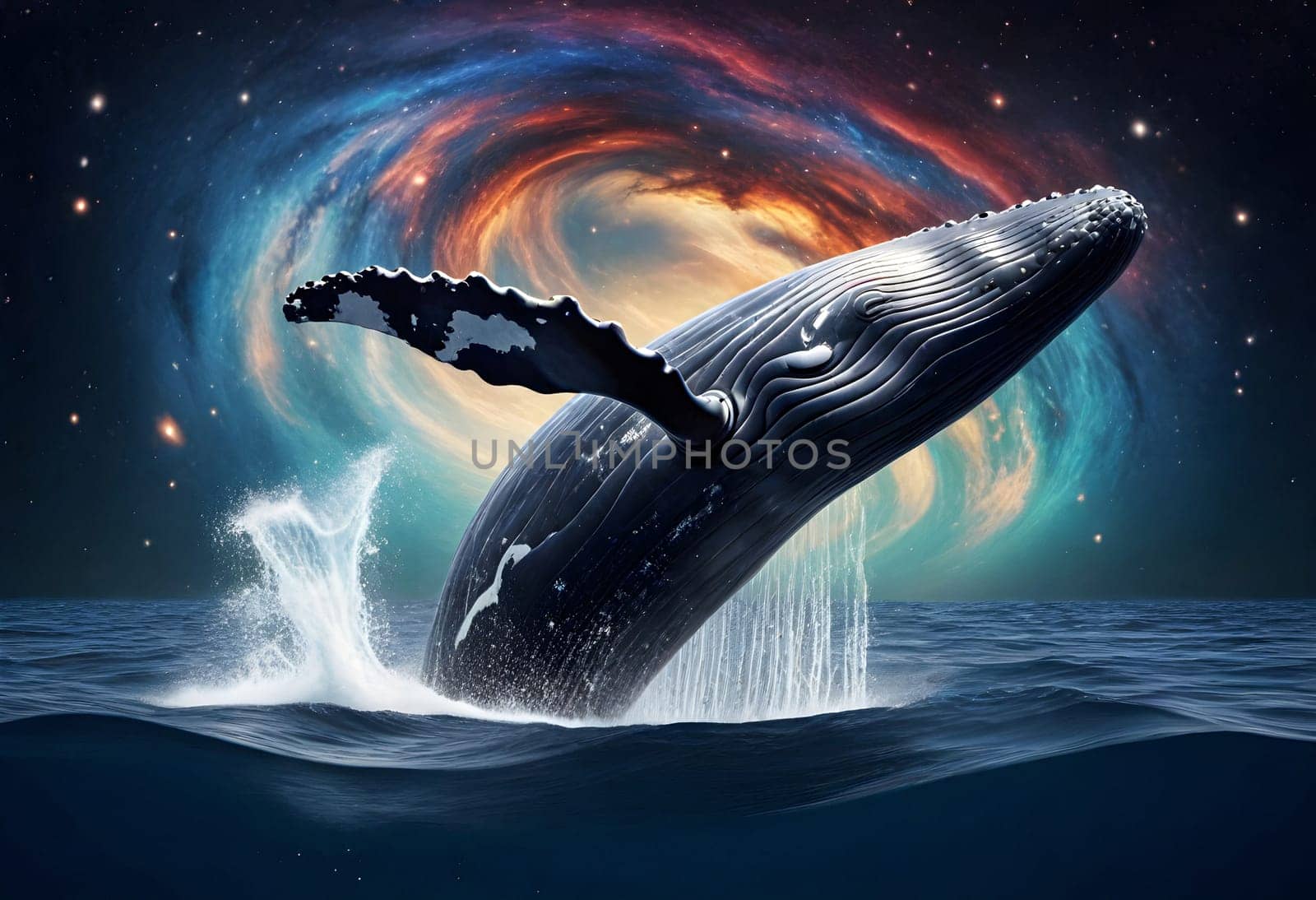 AI generated of a whale jumping out of the water with a galaxy background