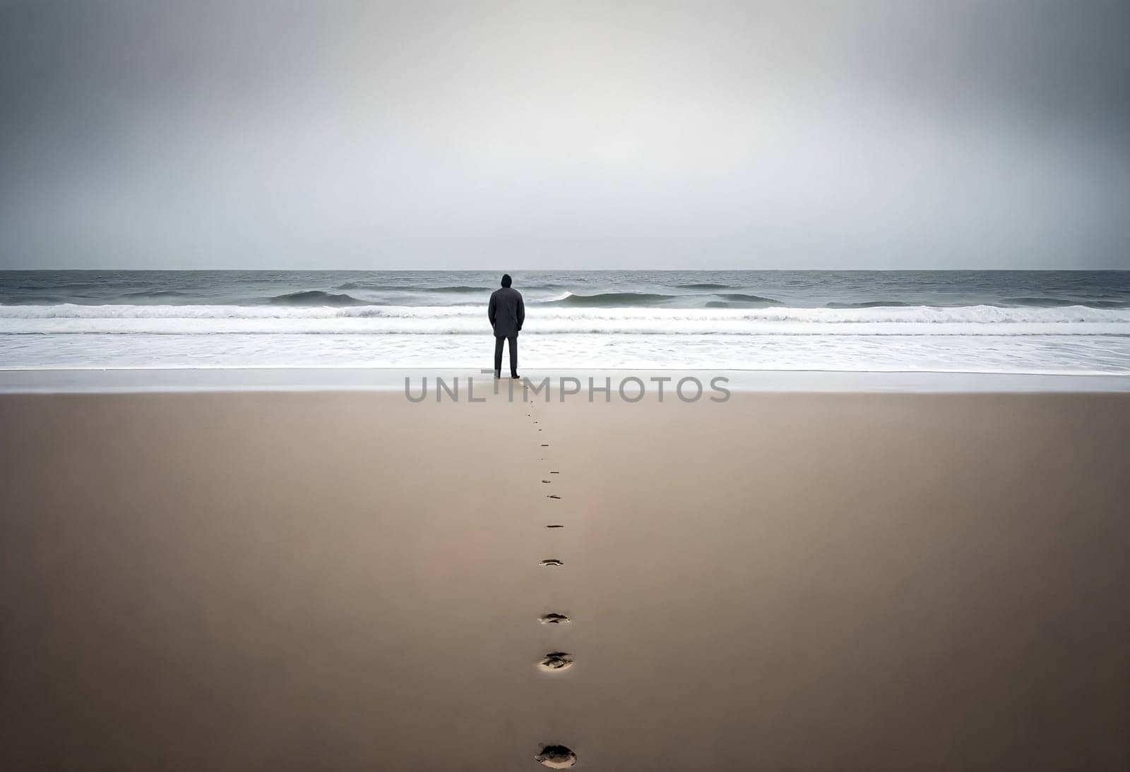 AI generated of a man stands alone on the beach with footprints leading to the ocean