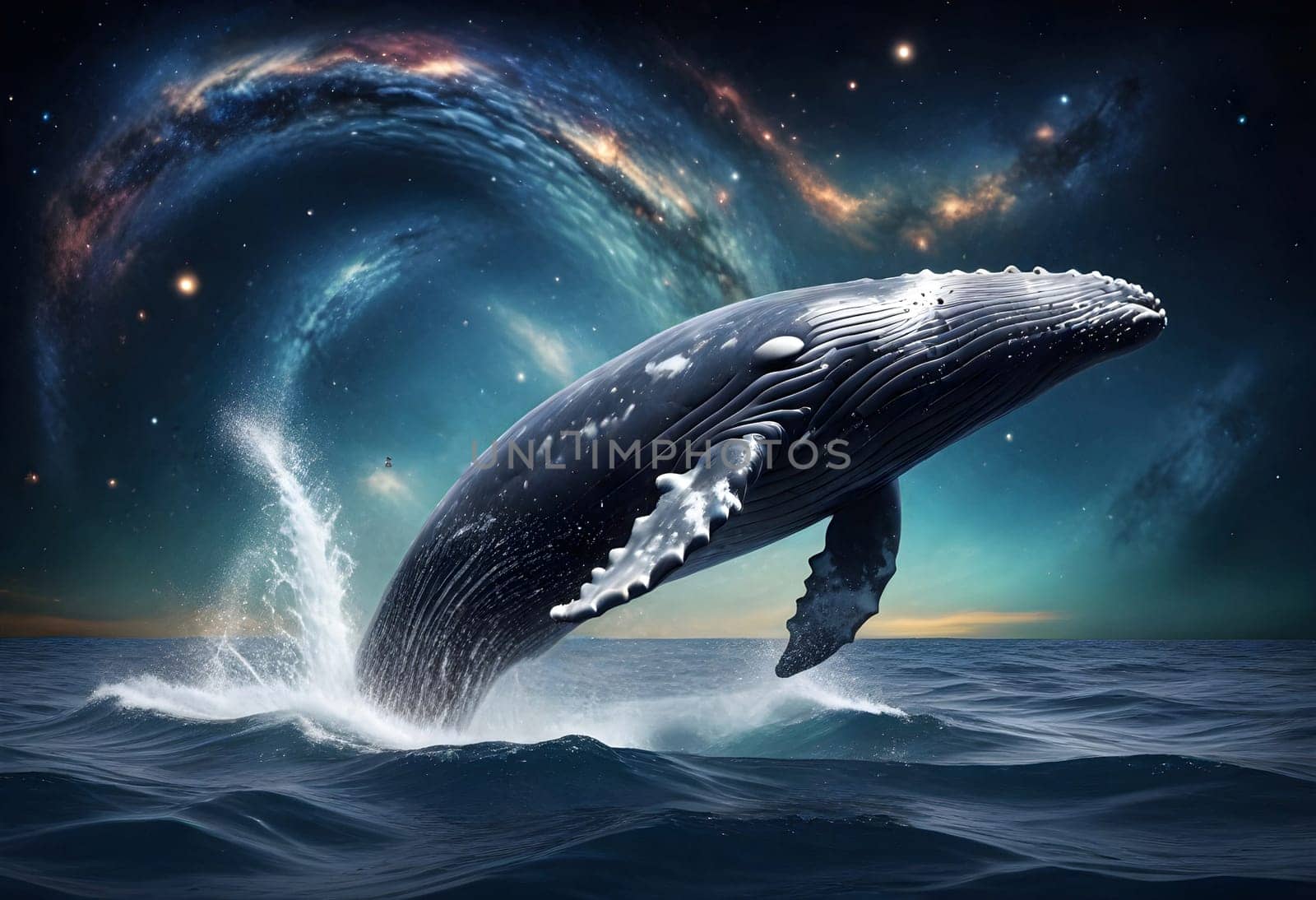 AI generated of a whale jumping out of the water with stars in the background
