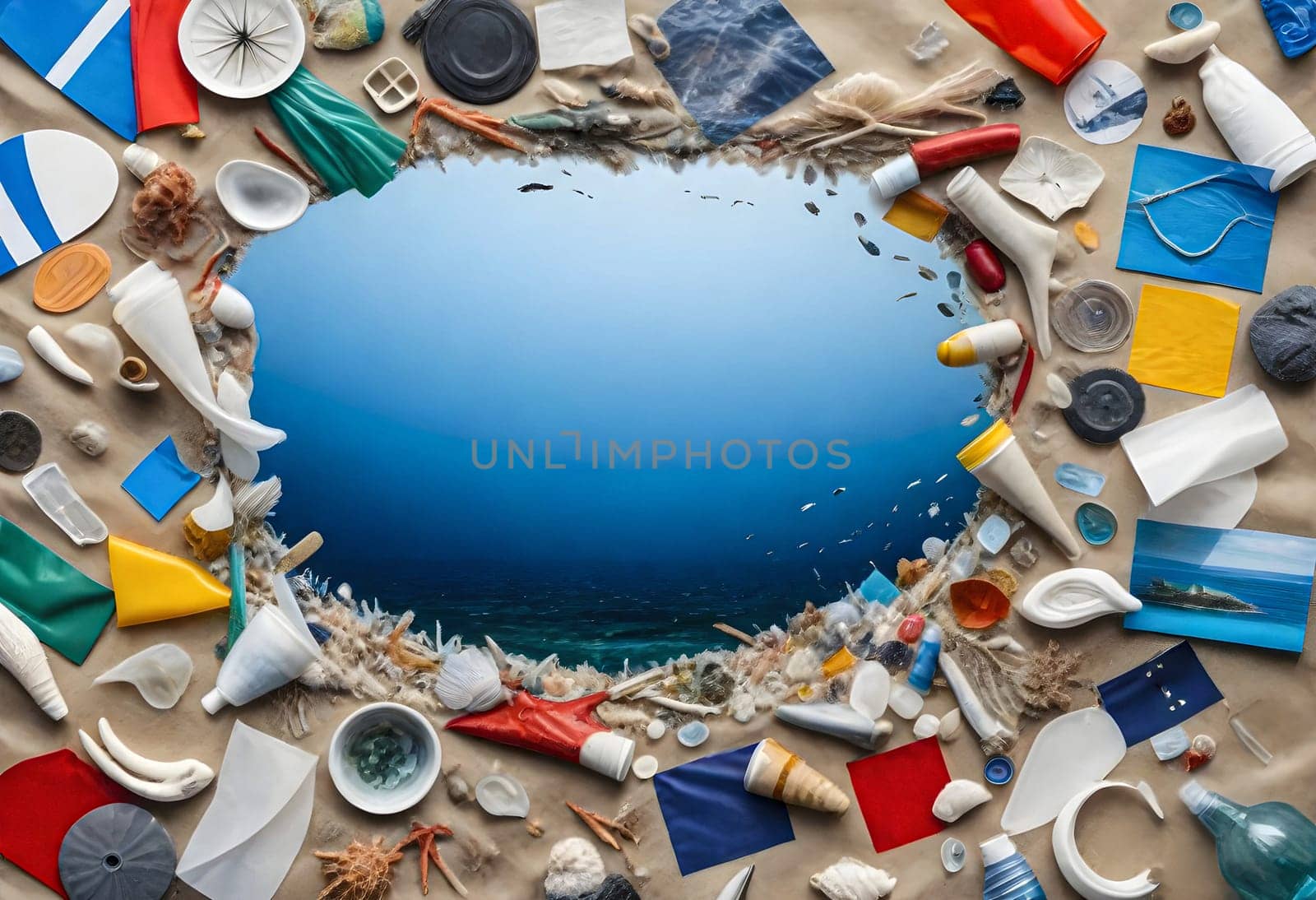 AI generated of a circle of sea shells with plastic pollution in the ocean, ocean pollution concept