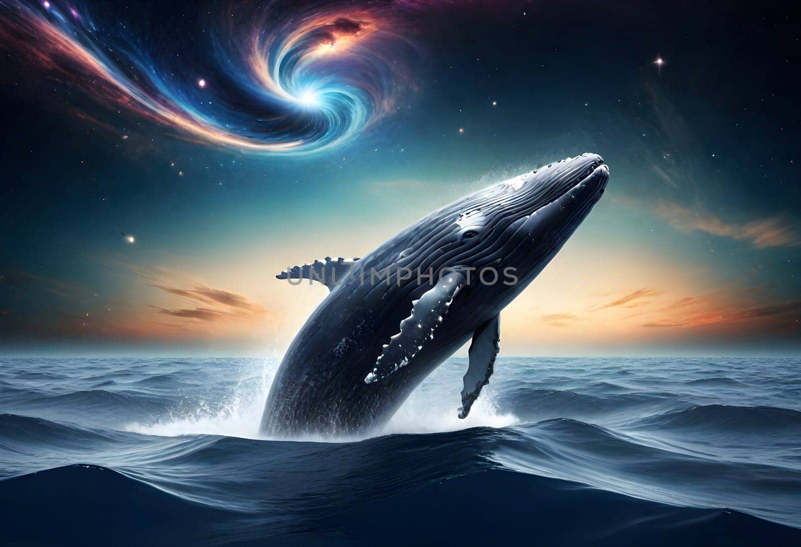 AI generated of a whale jumping out of the water with a spiral in the background