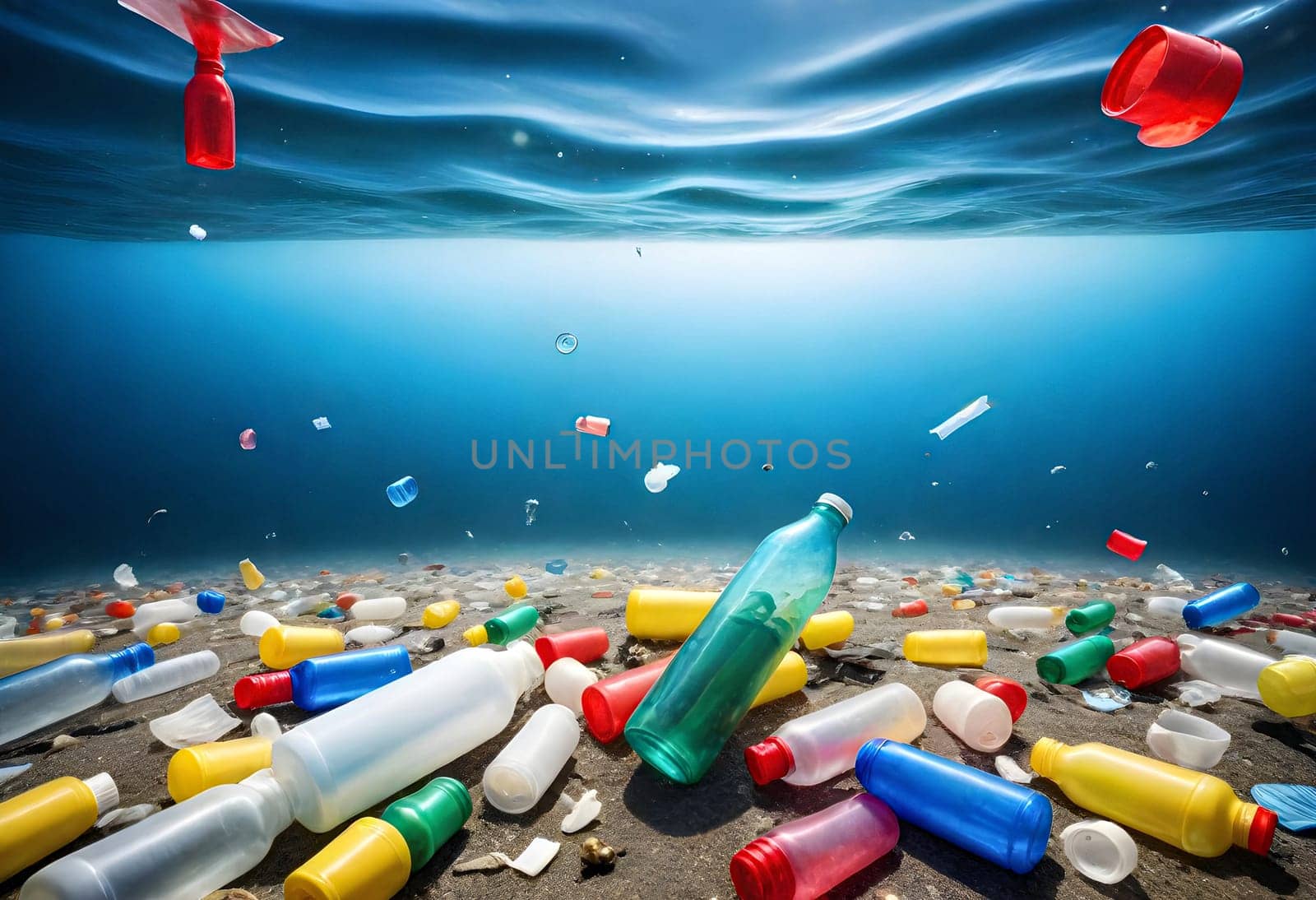 AI generated of plastic bottles and other plastic items floating in the ocean