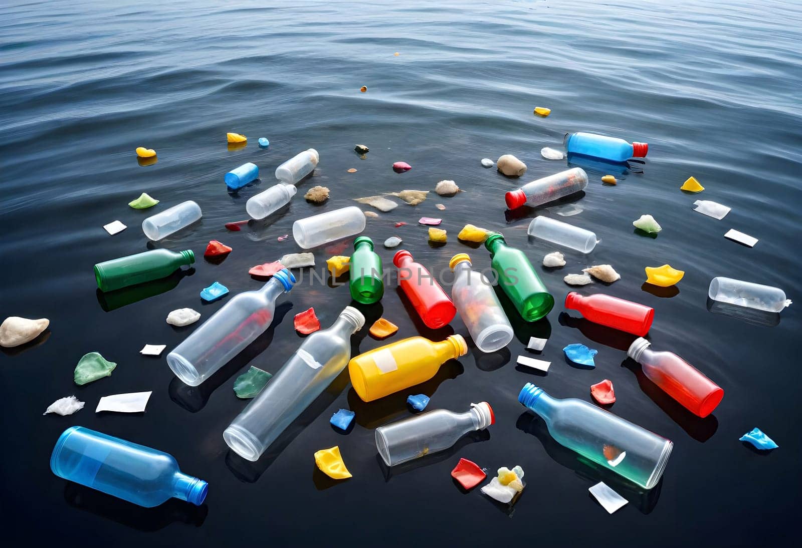 AI generated of plastic bottles floating on the ocean
