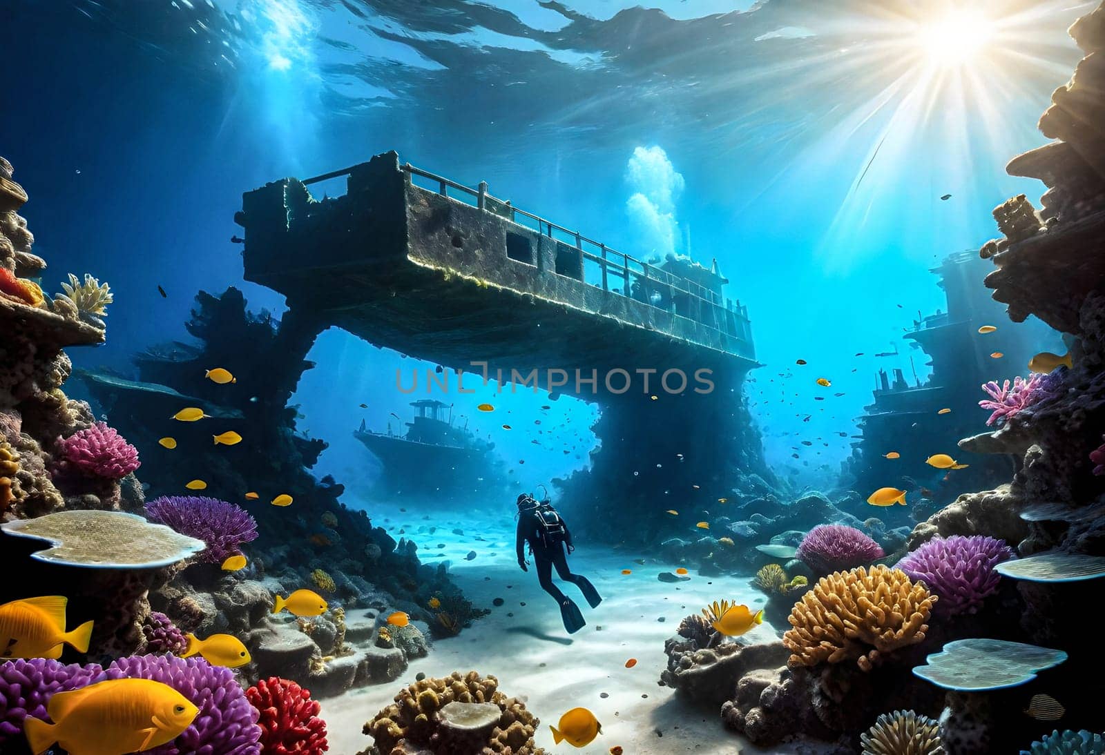 AI generated of scuba diver in the ocean with coral reefs and a boat