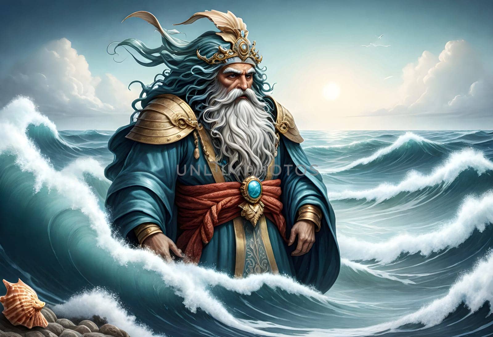 AI generated of the god of the sea is standing on the waves