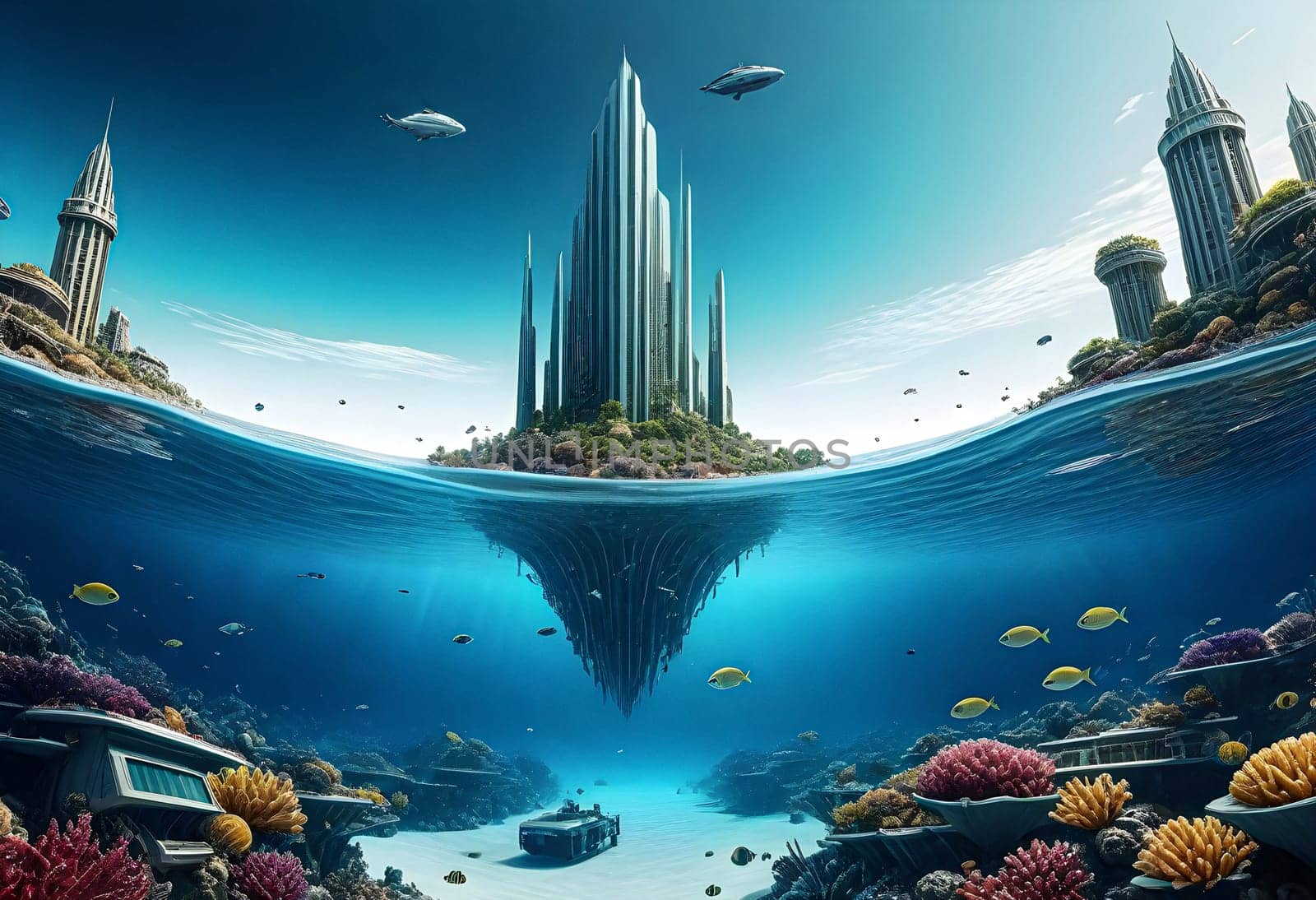 AI generated of a city underwater with a castle and fish