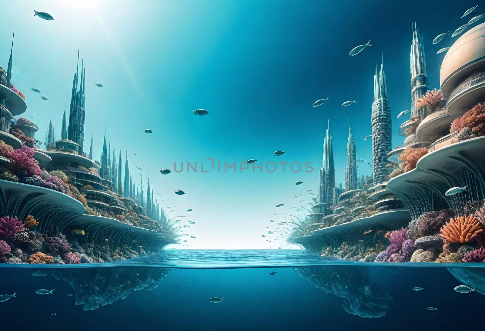 AI generated of an underwater city with many buildings and fish