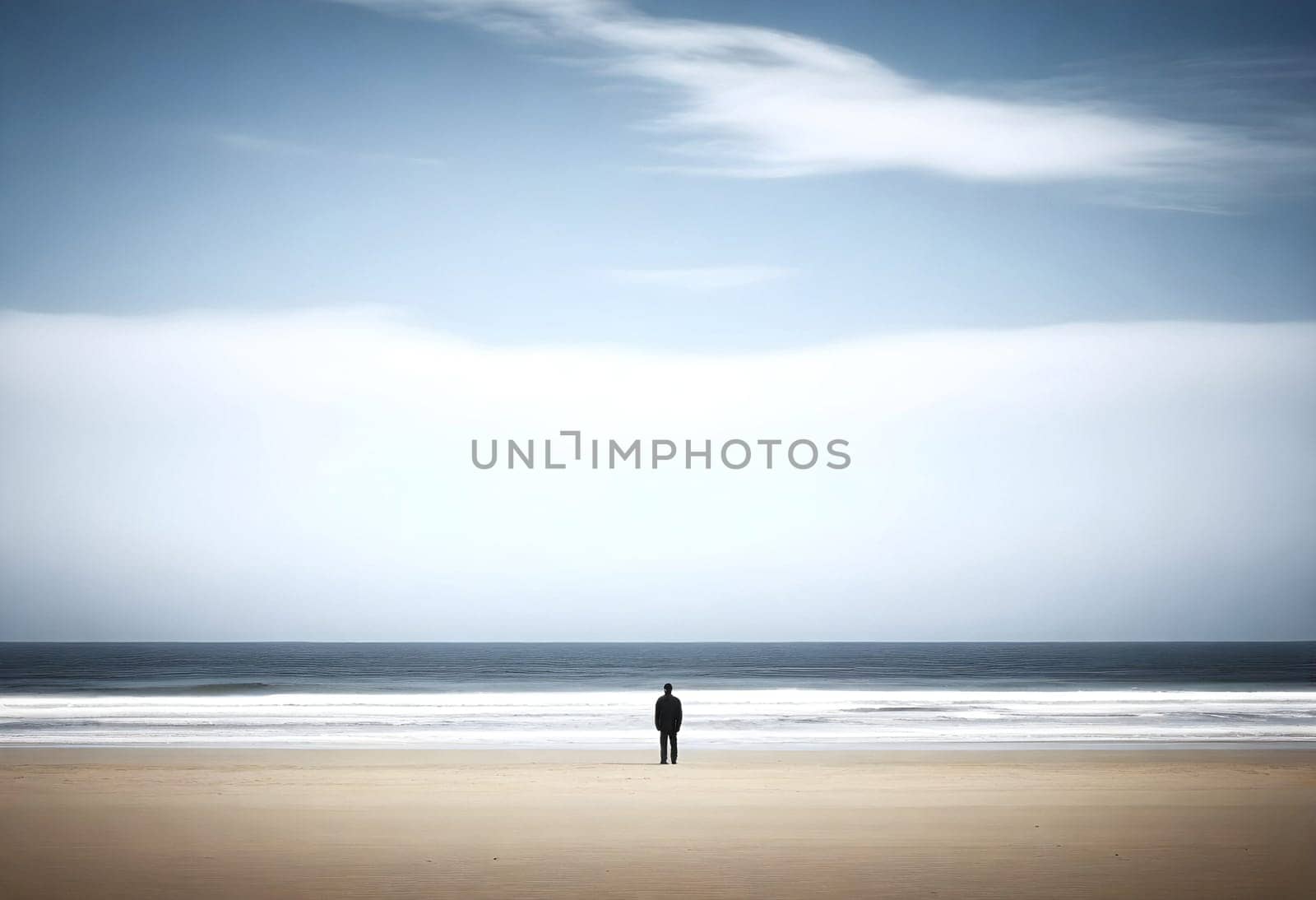 AI generated of a lone man stands on the beach looking out to sea