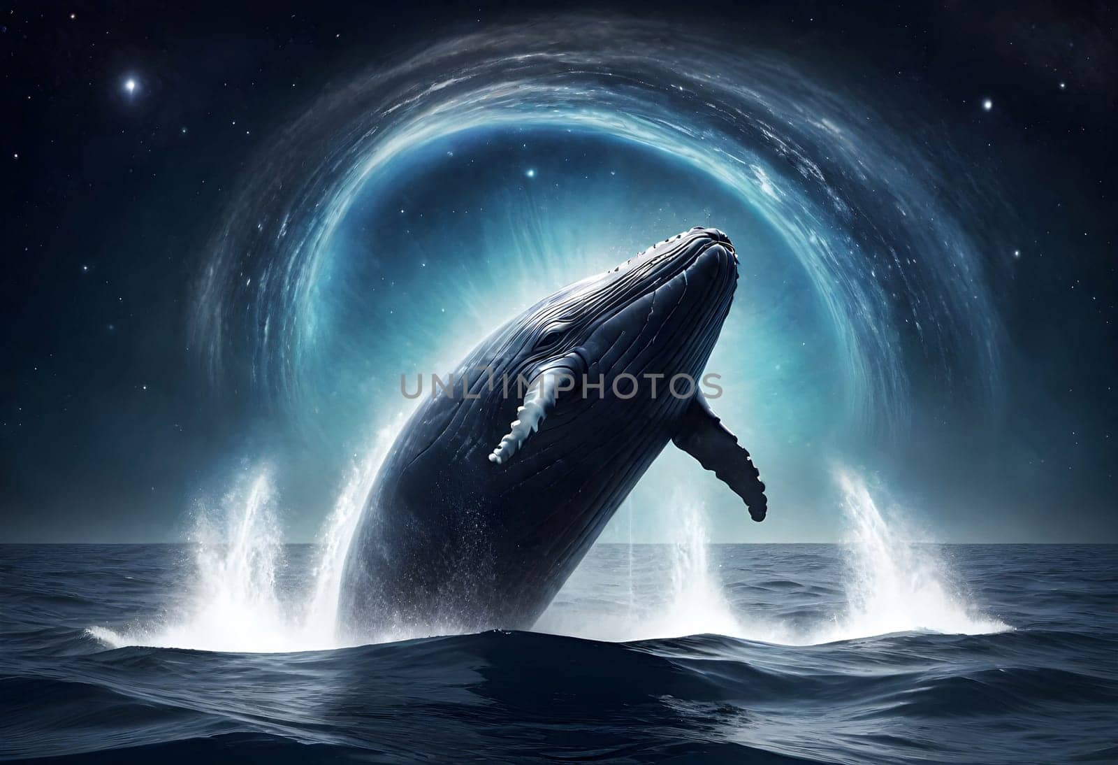 AI generated of a whale jumping out of the water with its tail in the air