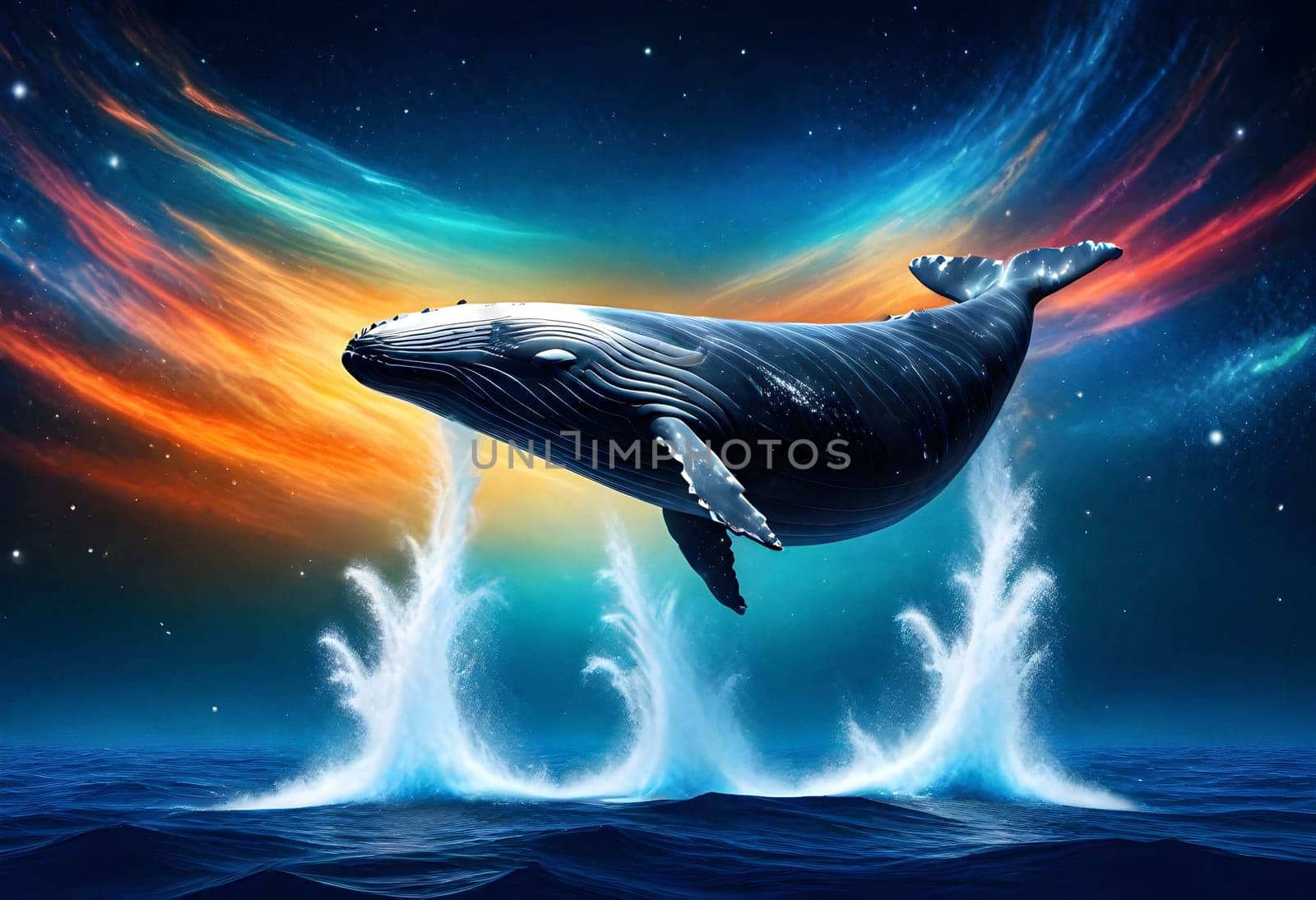 AI generated of a whale jumping out of the water with colorful lights