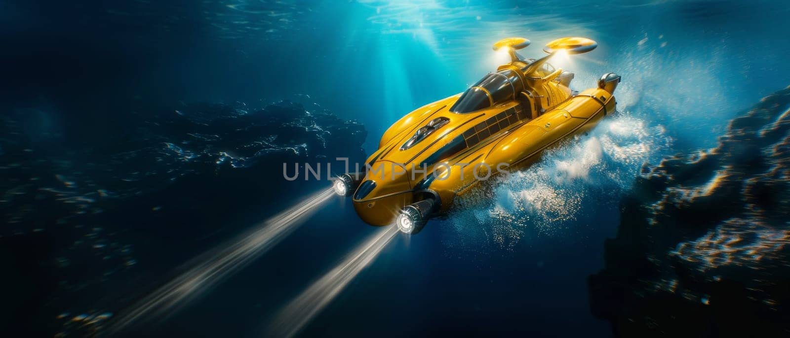 A highly advanced, yellow submersible craft with multiple propulsion systems effortlessly glides through the ocean depths, its powerful searchlights illuminating the vibrant marine environment