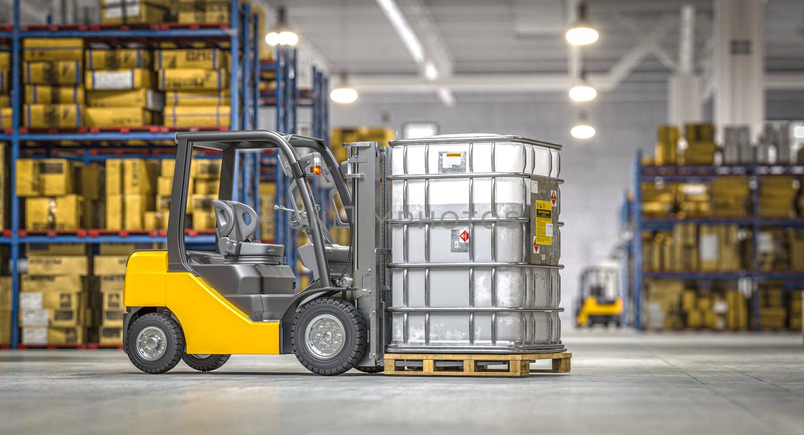 Forklift transports a hazardous material barrel inside a modern warehouse. 3d render