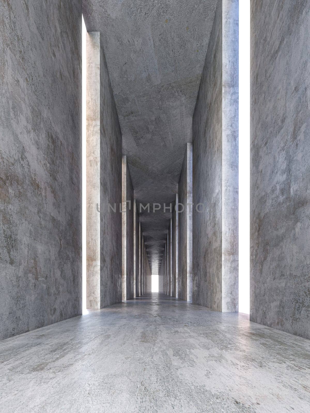 Long corridor with concrete walls illuminated by natural light . 3d render